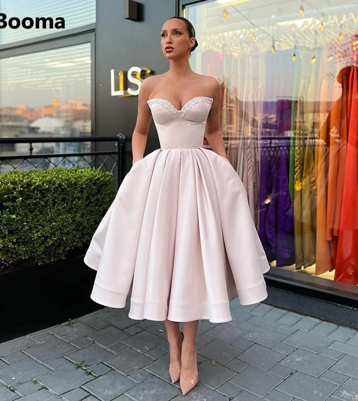 Booma Simple Sweetheart Satin Midi Prom Dresses Strapless Pleated Tealength Aline Prom Gowns Formal Evening Party Dresse